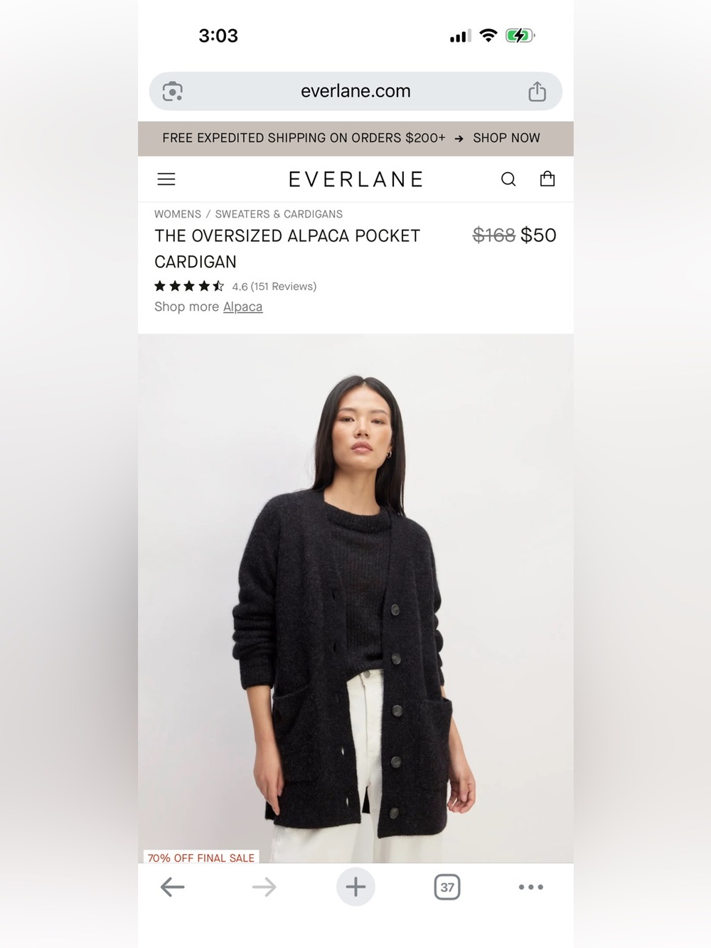 Everlane Oversized Alpaca Pocket Cardigan - Black xxs